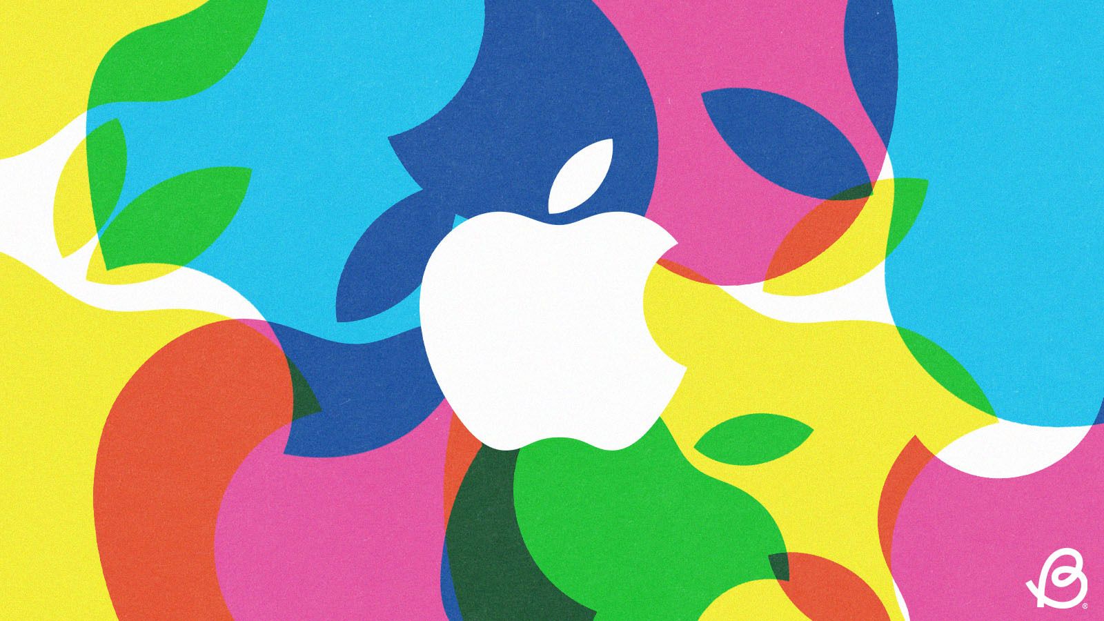 White Apple logo in the middle with multi-colour Apple logos all around