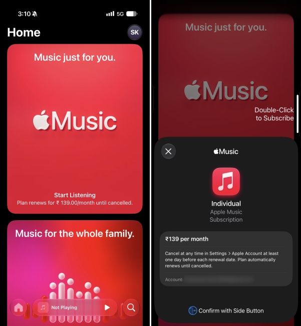 Subscribing to Apple Music from Apple Music's home page on iPhone Subscribing to Apple Music from Apple Music's home page on iPhone