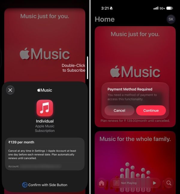 Confirming payments for Apple Music subscription on iPhone Confirming payments for Apple Music subscription on iPhone