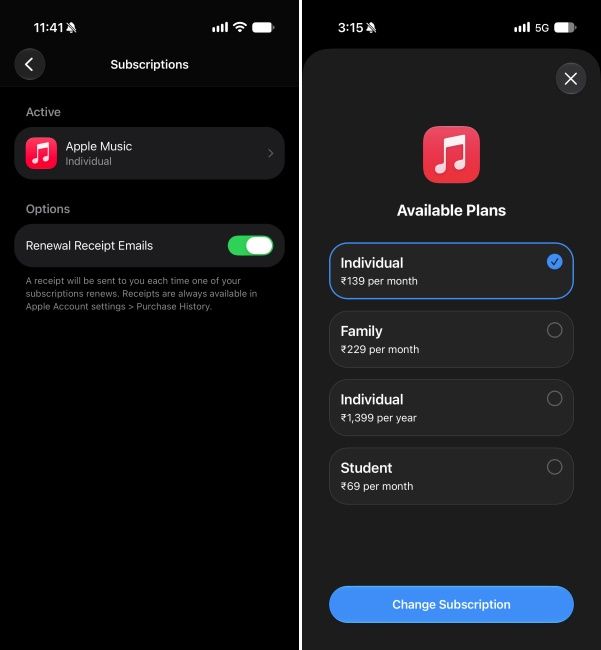 Renewing Apple Music subscription from iPhone Settings app's subscriptions page Renewing Apple Music subscription from iPhone Settings app's subscriptions page
