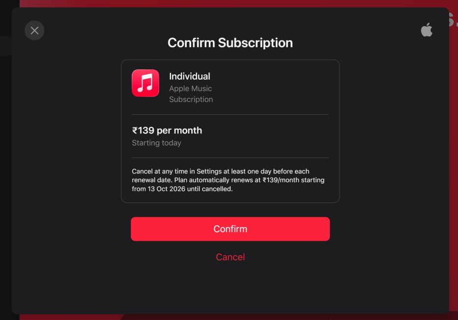 Confirming Apple Music plan selection on Apple Music website Confirming Apple Music plan selection on Apple Music website