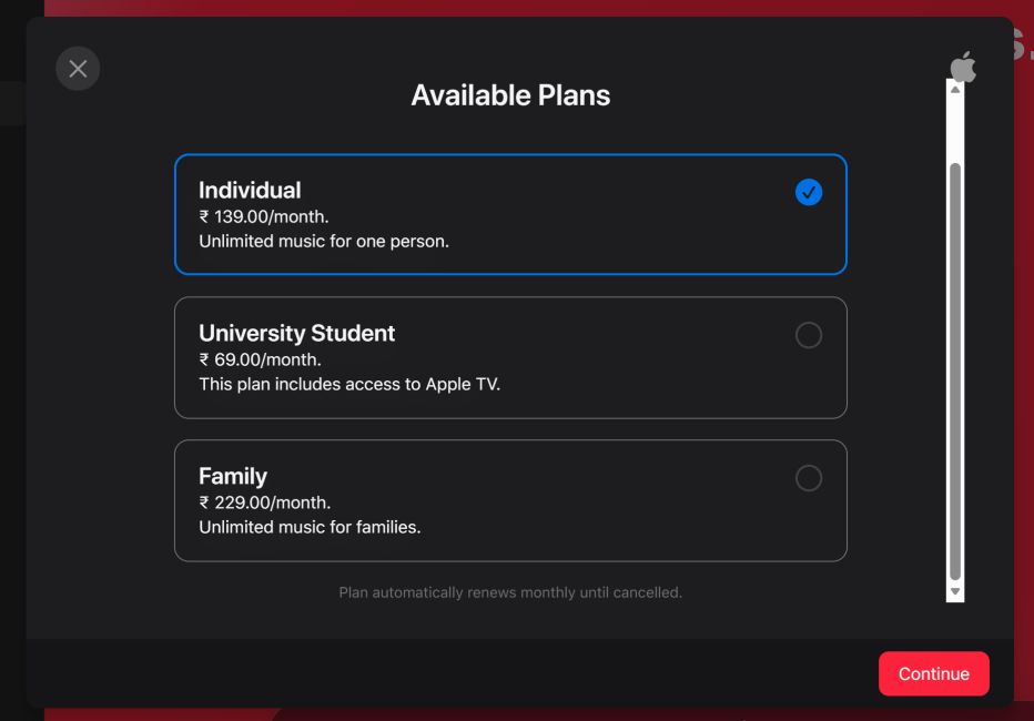 Choosing Apple Music subscription plan on website Choosing Apple Music subscription plan on website
