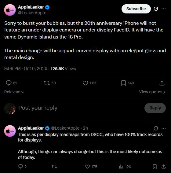 Screenshot of X post leaking 20th anniversary iPhone