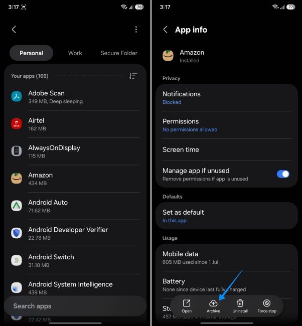 screenshot from a samsung phone showing how to archive apps
