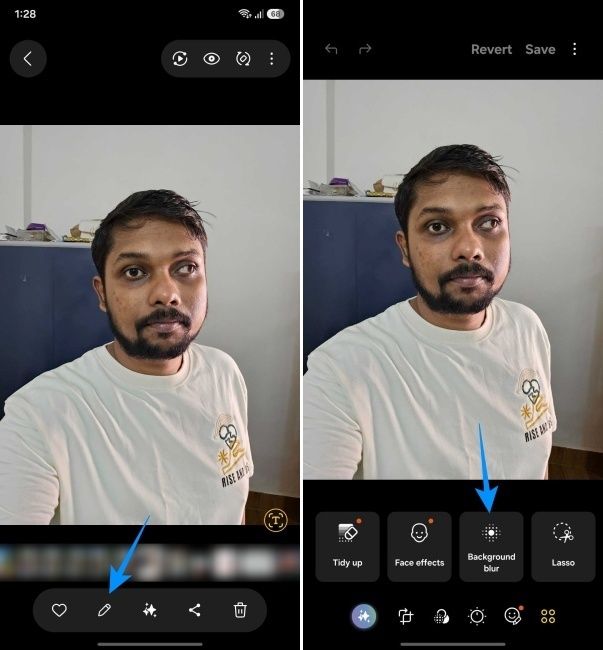 One UI screenshots showing the process of applying background blur on Samsung Android phones