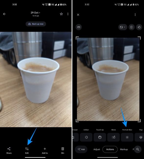 Portrait Blur option in Google Photos for blurring image background on Android