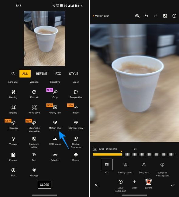 Using Motion blur in Snapseed to blur background in Android