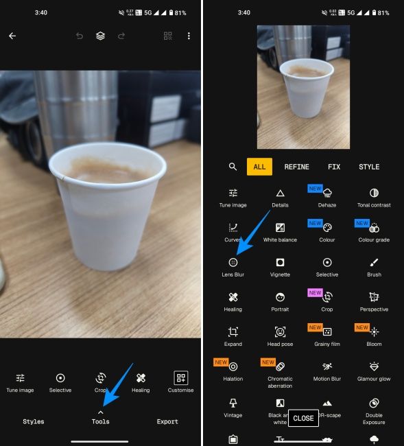 Lens Blur option inside Snapseed for blurring background in images on Android