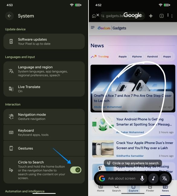 screenshot from a pixel phone showing how to enable circle to search gesture