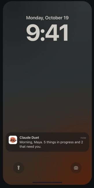 claude duet alerting user with morning brief on an iphone