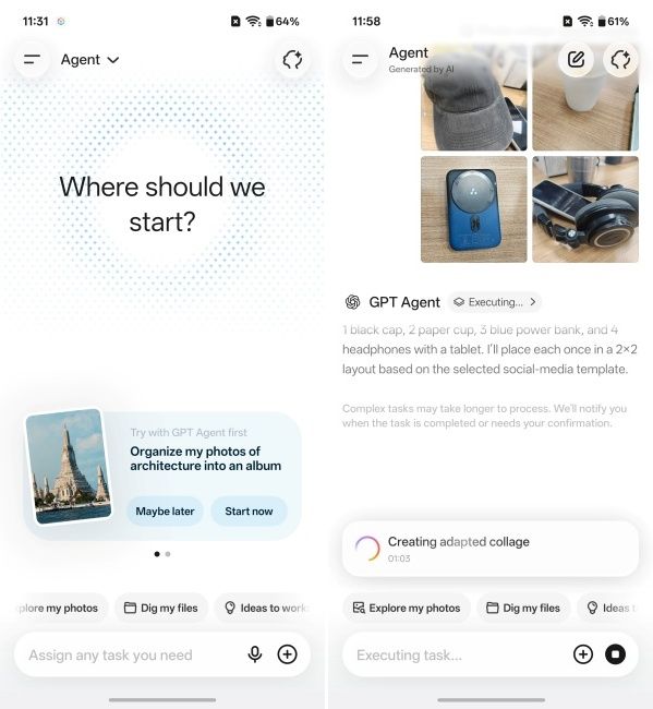 AI Agent mode making a photo collage on ColorOS 17