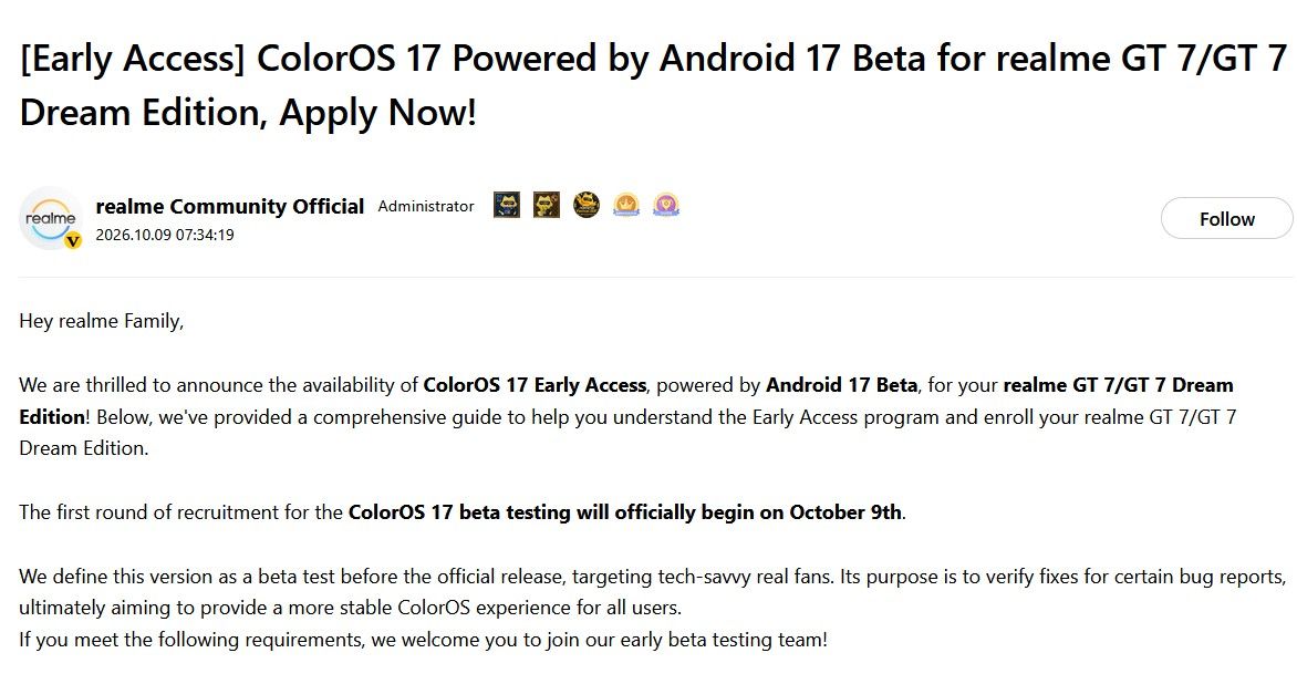 Realme GT7 ColorOS 17 beta community post