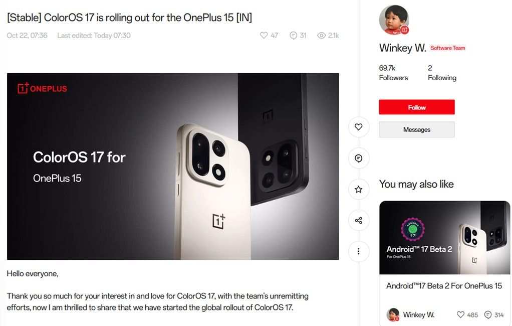 OnePlus 15 ColorOS 17 rolling out post