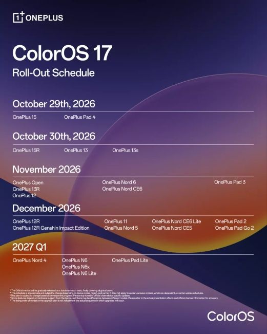 ColorOS 17 rollout schedule for OnePlus phones