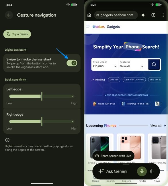 screenshot from a pixel phone showing how to enable corner swipe gesture to activate gemini
