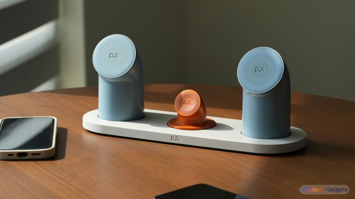 Two phone charging modules and Apple Watch charging module on the DailyObjects 3-in-1 wireless charging dock Two phone charging modules and Apple Watch charging module on the DailyObjects 3-in-1 wireless charging dock