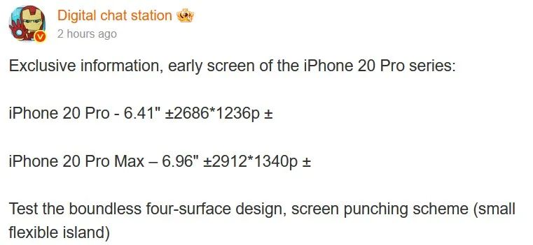 Screenshot of DCS post revealing details of iPhone 20 series displays