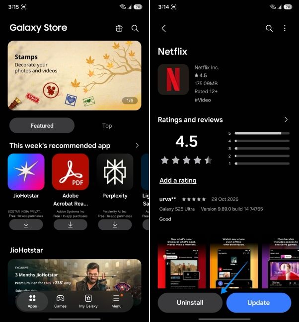 screenshot from a samsung phone showing how to uninstall apps from galaxy store