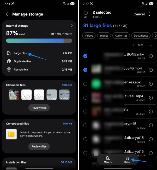 screenshot from a samsung phone showing how to delete large files screenshot from a samsung phone showing how to delete large files