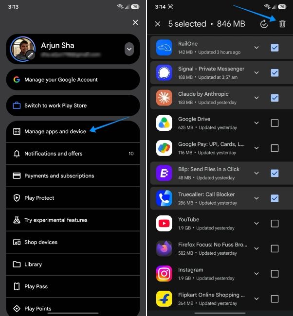 screenshot from a samsung phone showing how to delete multiple apps at once