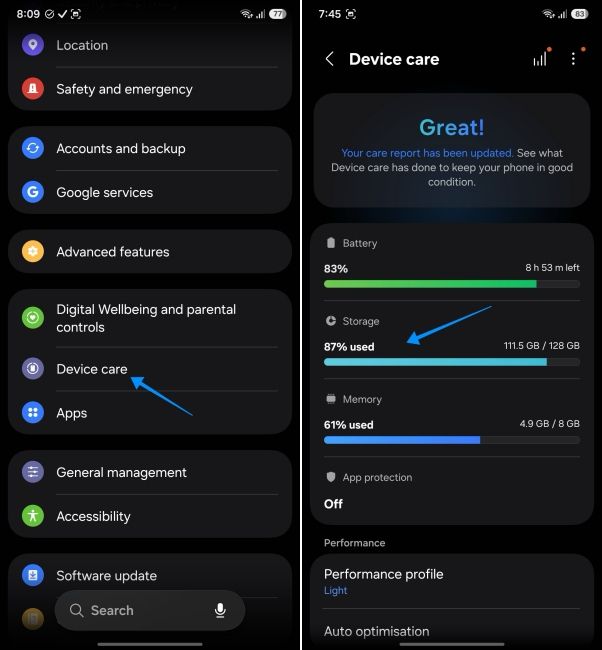 screenshot from a samsung phone showing how to open device care settings screenshot from a samsung phone showing how to open device care settings