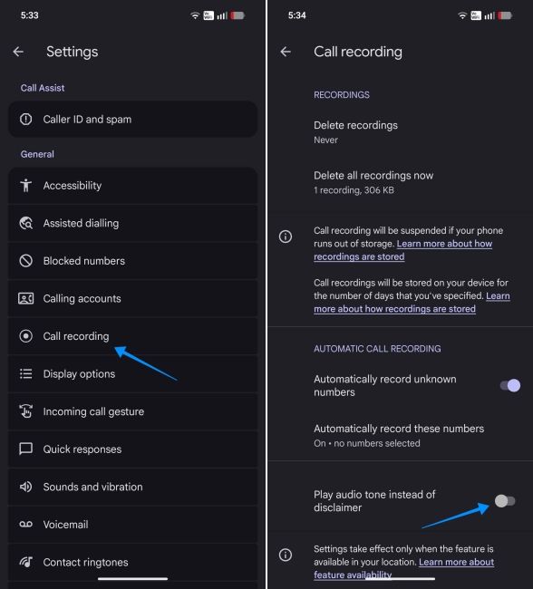 screenshot from an android phone showing how to play a beep instead of announcement while call recording screenshot from an android phone showing how to play a beep instead of announcement while call recording