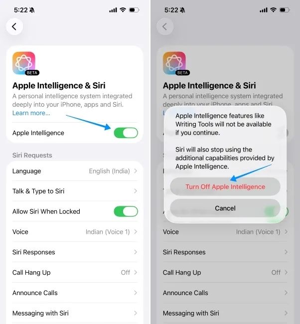 iOS screenshot showing process of turning off Apple Intelligence on iPhone
