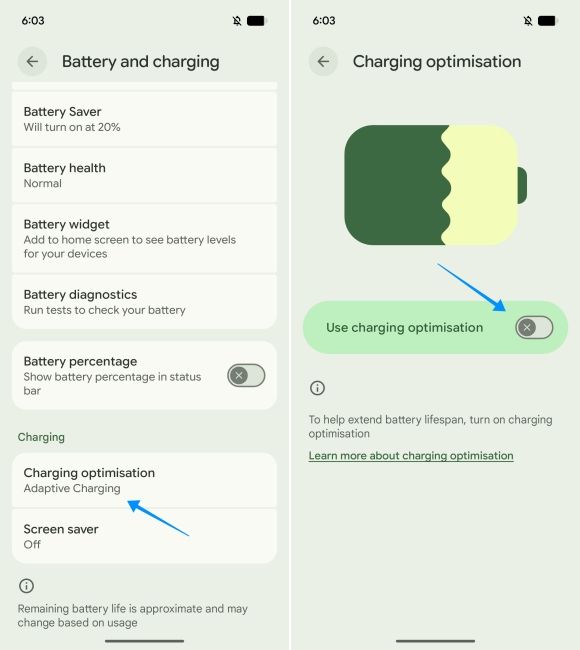 screenshot from a pixel phone to disable charging optimisation screenshot from a pixel phone to disable charging optimisation