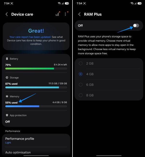 screenshot from a samsung phone showing how to turn off ram plus screenshot from a samsung phone showing how to turn off ram plus