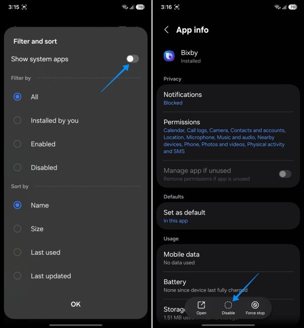 screenshot from a samsung phone showing how to disable apps