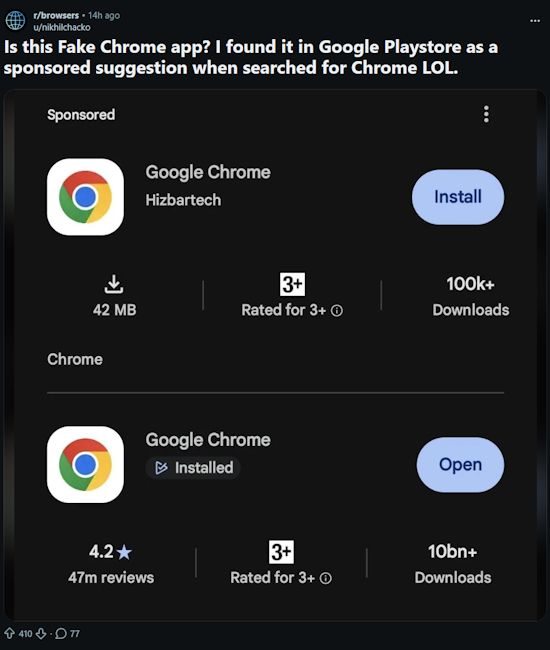 Fake Chrome app listing on the Google Play Store Fake Chrome app listing on the Google Play Store