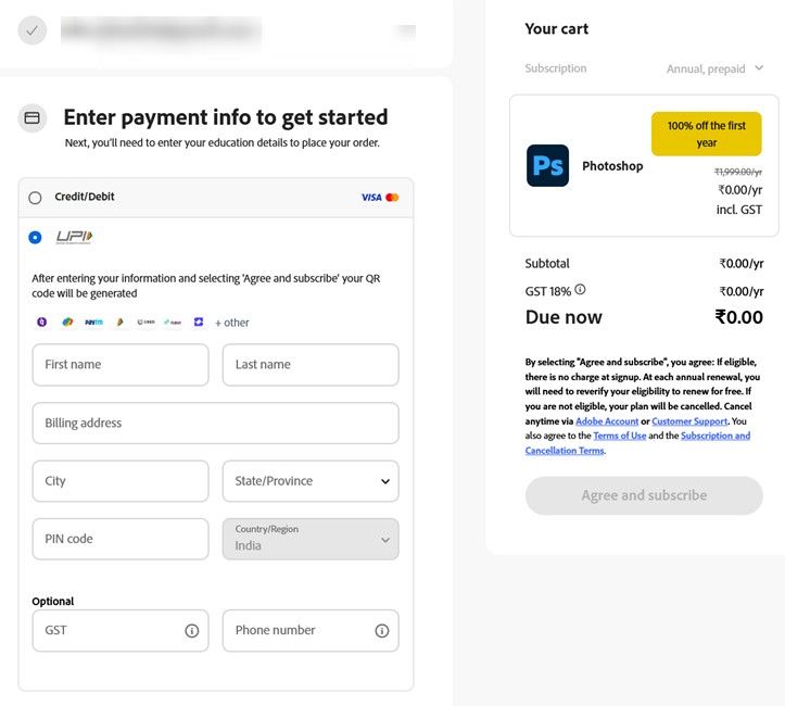 Adobe Photoshop checkout page with zero rupees due