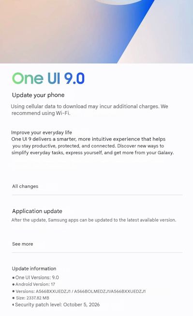 Samsung Galaxy A56 stable One UI 9 update screenshot