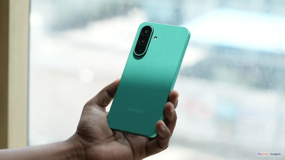 Galaxy F70 Pro back design showcased in green while the phone is in hand