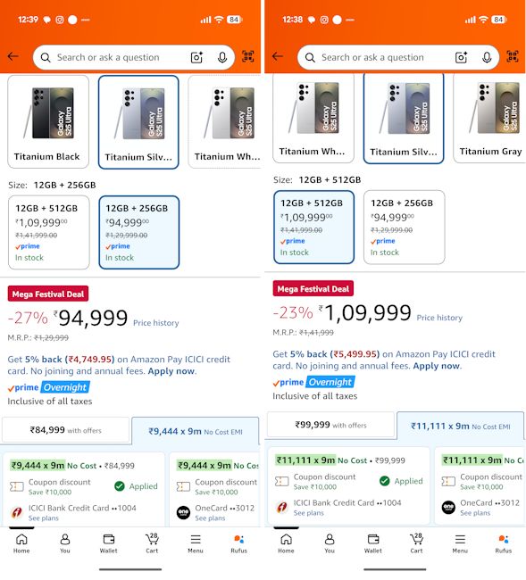 Galaxy S25 Ultra deal screenshot on Amazon Great Indian Festival 2026 Sale