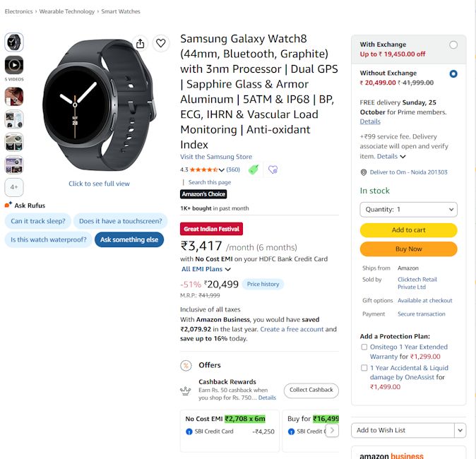 Samsung Galaxy Watch 8 deal screenshot during the Amazon Great Indian Festival 2026 Sale Samsung Galaxy Watch 8 deal screenshot during the Amazon Great Indian Festival 2026 Sale