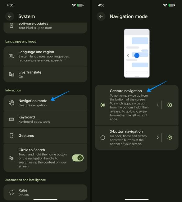 screenshot from a pixel phone showing how to enable gesture navigation