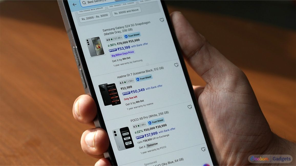 Search result page with multiple phones at discounted price on Flipkart app