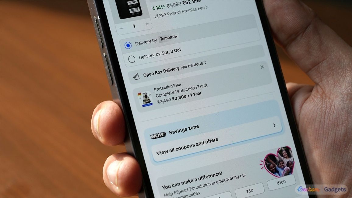 Protection Plan added in shopping cart on Flipkart app