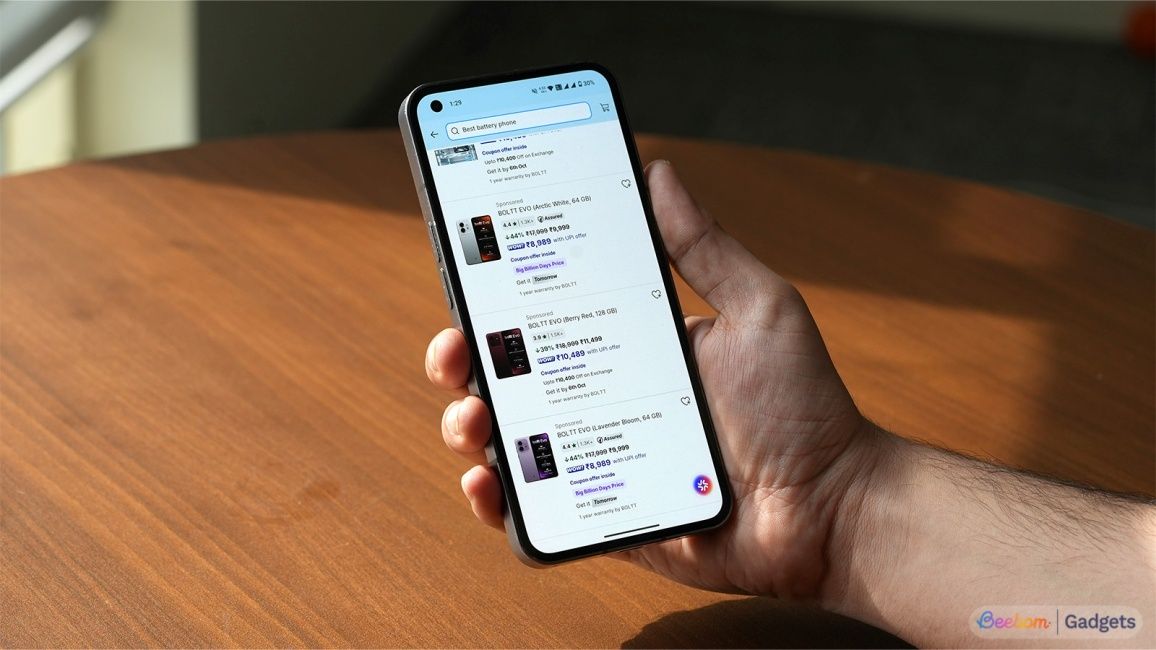 Amazon's search result page with multiple phones marked as sponsored