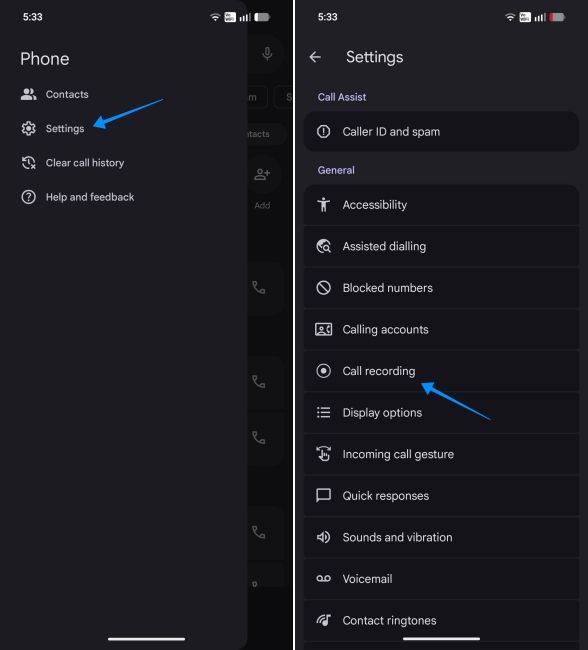 screenshot from an android phone showing how to open google phone app call recording settings screenshot from an android phone showing how to open google phone app call recording settings
