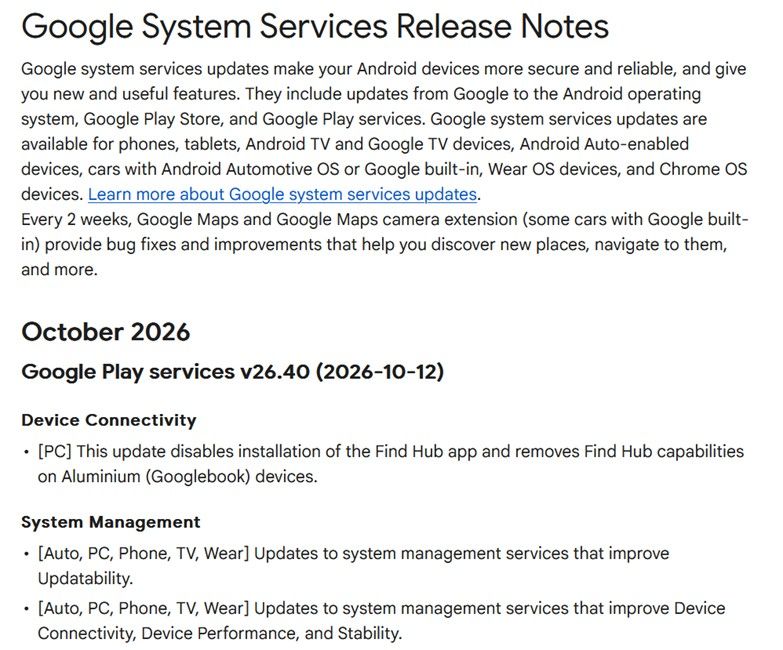 Google System Services update release nots Google System Services update release nots