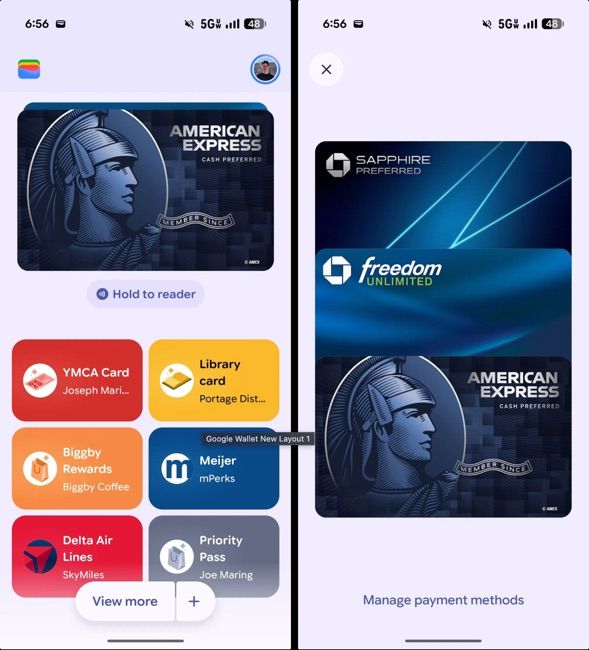 Google Wallet app open with new vertical cards stack interface