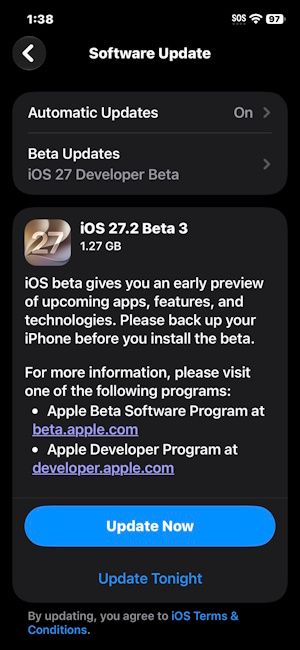iOS 27.2 Developer Beta 3