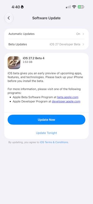iOS 27.2 Developer Beta 4 update