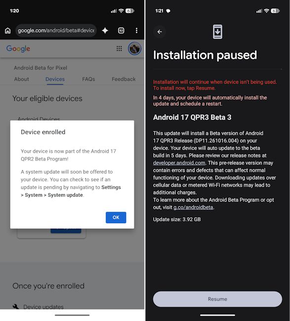 Installing the Android 17 QPR3 Beta 3 update