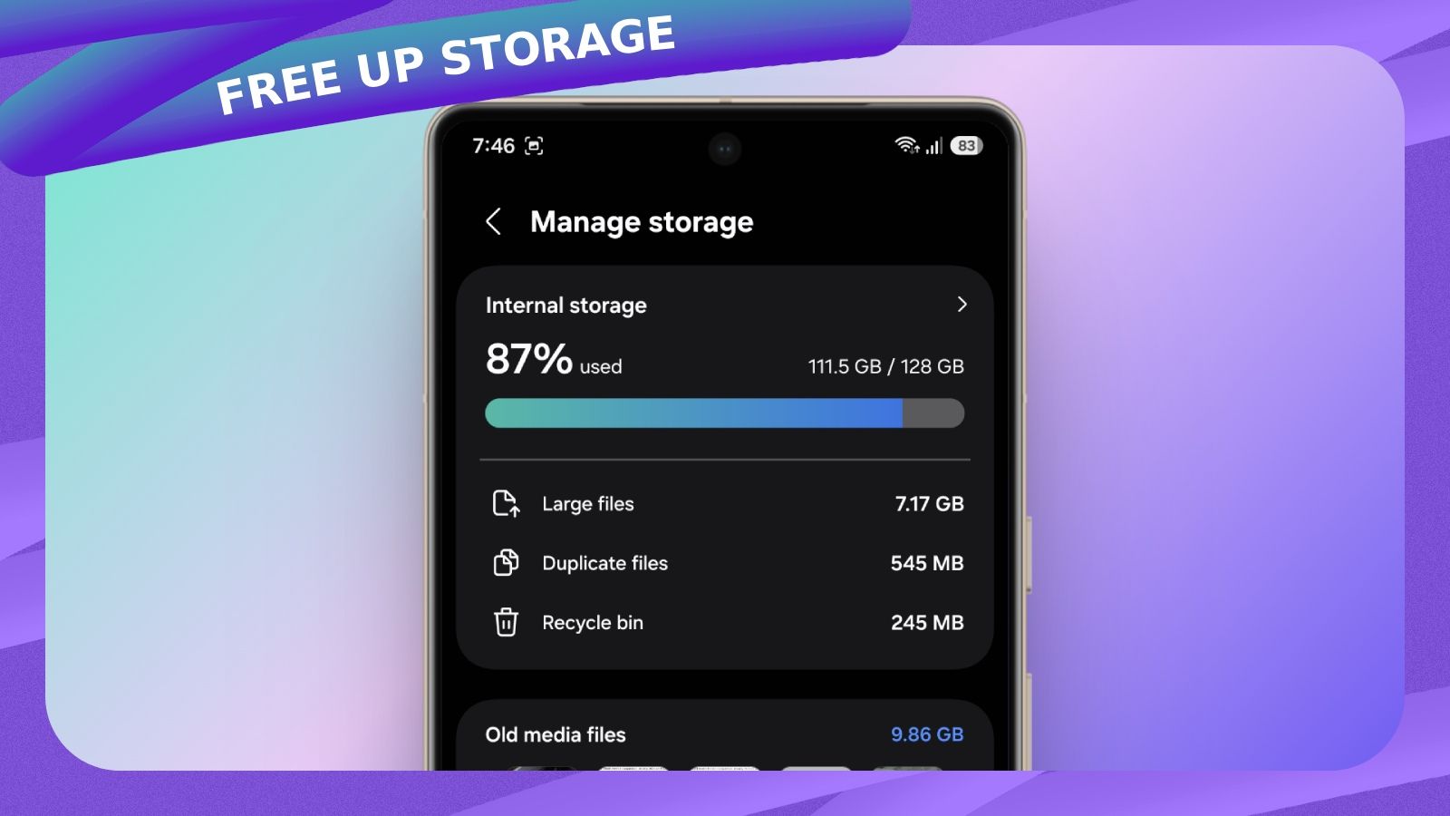 image showing internal storage details of a samsung phone with a gradient blue background
