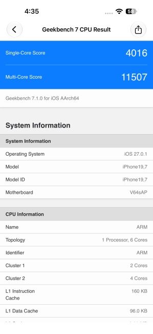 iPhone 18 Pro Max eekbench 7 Benchmark Screenshot
