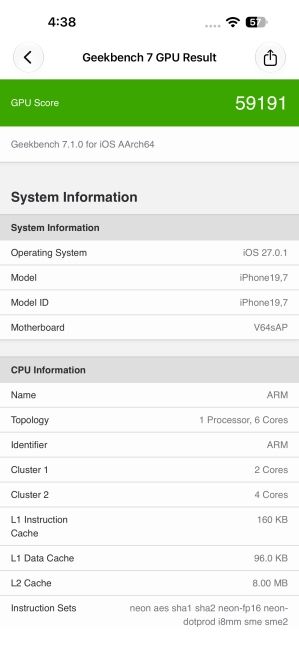 iPhone 18 Pro Max Geekbench 7 GPU Benchmark Screenshot