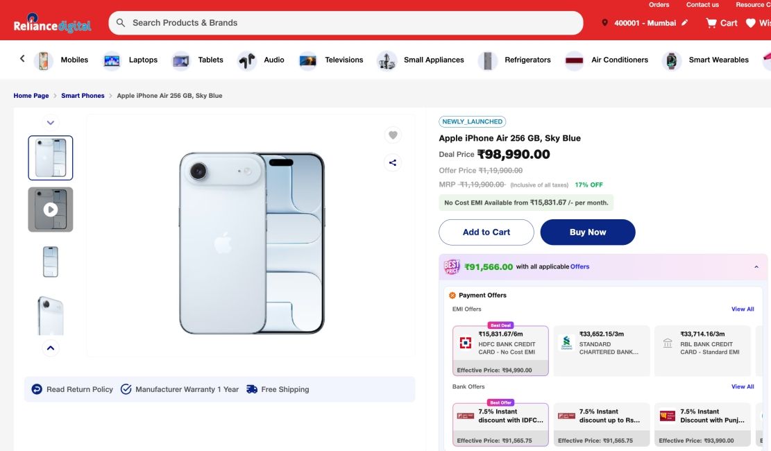 iphone air page on reliance digital